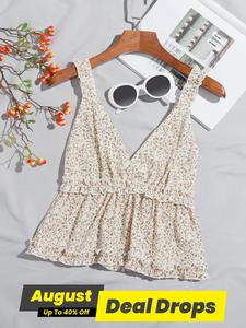 Women's Ditsy Floral Print Frill Trim Shirred Peplum Cami Top, Boho Fashion Deep V Neck Top for Daily Holiday Vacation Wear, Bohemian Ladies Clothes for Summer, Womenswear