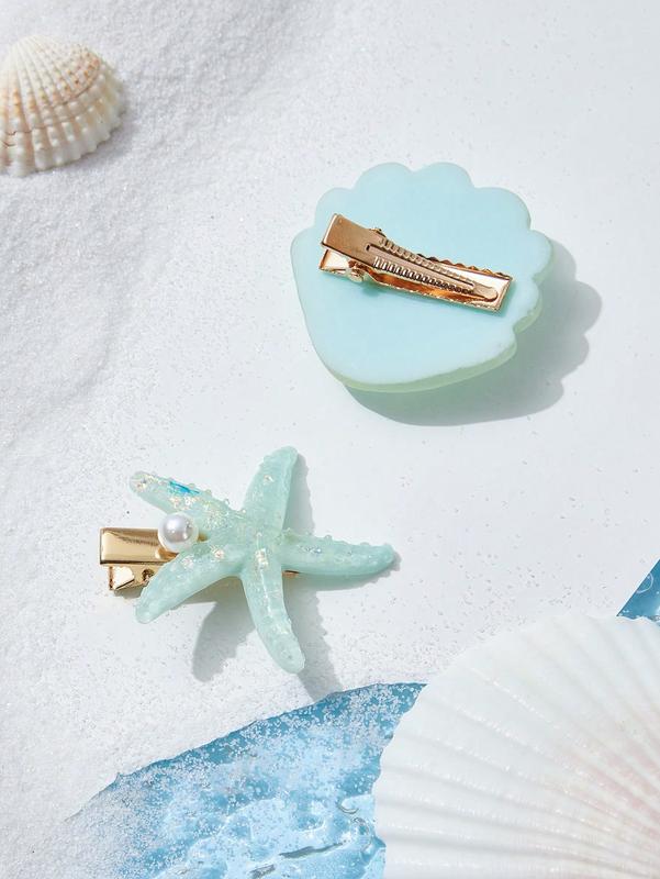 ROMWE Fairycore 2pcs Women Cute Mermaid Starfish & Shell Design Hair Clip Boho 2