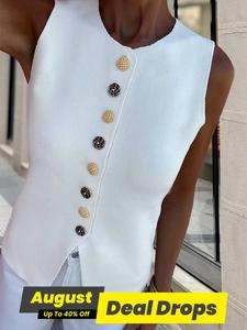 Women's Plain Button Crewneck Sweater Vest, Chic Fitted Solid Color Sleeveless Round Neck Knit Top for Summer, Fashion Minimalist Women's Knitwear for Daily Wear, Womenswear, Solid Button Vest for Lady, Basic Sleeveless Outerwear, Button Front Vest