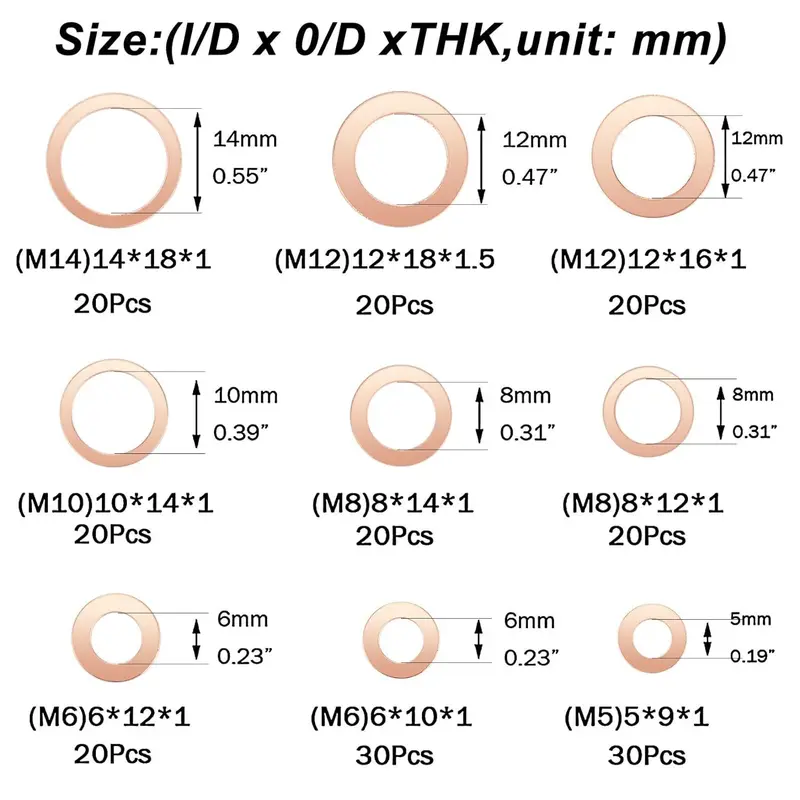 High-Quality Copper Sump Plug Washer Set 200 PCS Assorted Sizes M5-M14 for Engine Uses 1