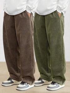 Men's Solid Pocket Drawstring Waist Corduroy Pants, Loose Casual Comfy Straight Leg Trousers for Fall & Winter, Men's Bottoms for Daily Wear