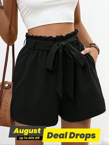 Women's Solid Color Tie Waist Shorts, Lady Casual Loose Comfy Shorts for Summer, Women's Bottoms for Daily Wear, Casual Fashion Shorts, Baggy Womenswear