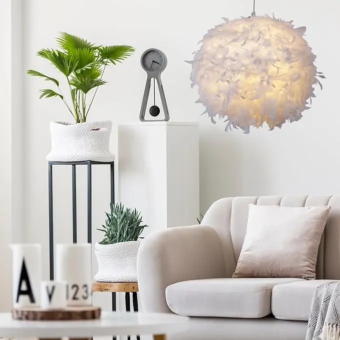 30cm White Feather Light Shade, Lamp Shade for Pendant Ceiling Light, Table Lamp, Floor Lamp, Fluffy Feather Lampshade Ceiling Light Shade for Living Room, 3