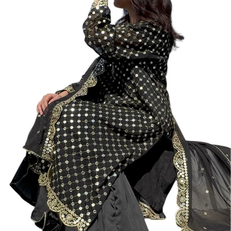 MI CLOSET  PERSENT ON EID COLLECTION with chiffon shirt and dupata emboidry tilla and sheesha work on allover sher and borders matha pati with heavy work with on neck fancy stud pati beauti full article grip inner silk palazo sharara style tailor stitch 6