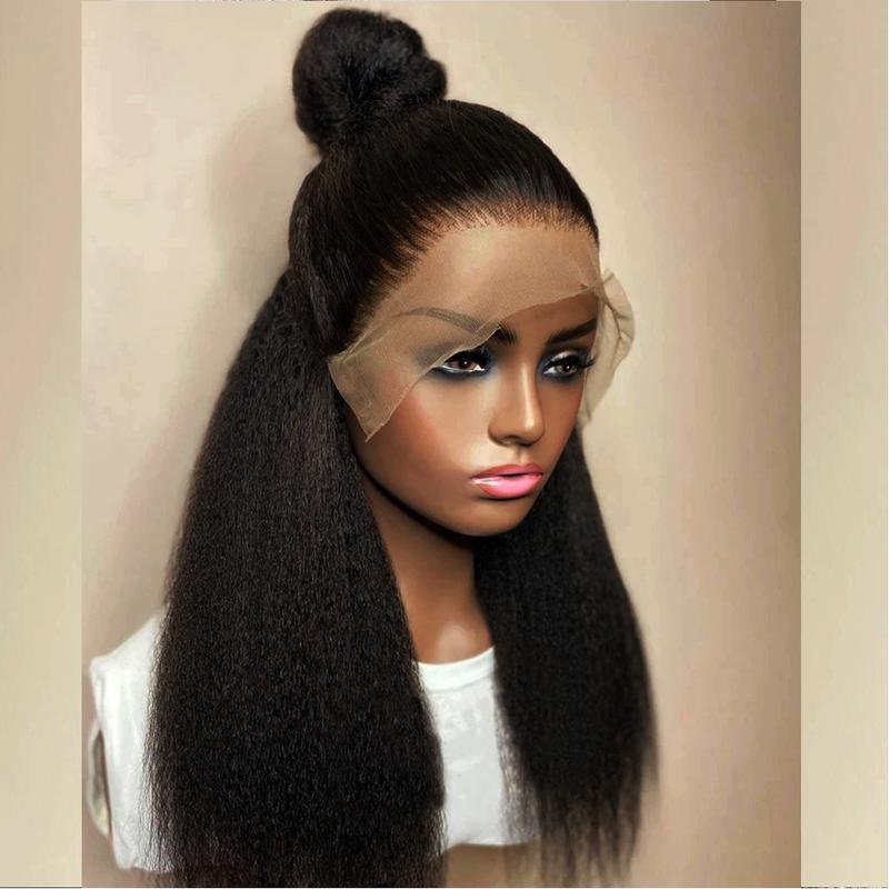 Soft Yaki Preplucked Black Color 26Inch 180Density Kinky Straight Lace Front Wig Synthetic Baby Hair Glueless Daily Wear Wig 0