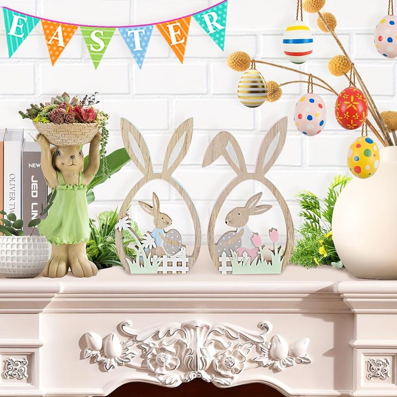 Product Introduction of 2pcs Easter Decorations for the Home Farmhouse Rustic Wooden Bunny with Egg Easter Tiered Tray Decor Happy Spring Decoration for Indoor Home Party Easter Tabletop Decoration Easter Ornaments 3