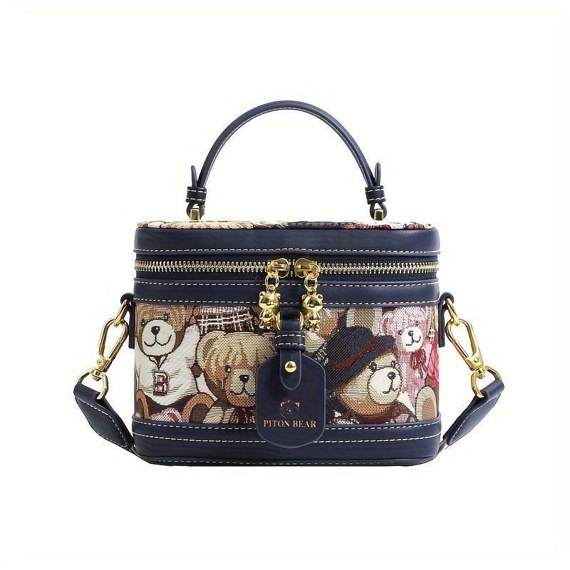 Bolso Tipo Cubo para Mujer con Diseño de Oso de Peluche - Elegante Bolso Cilíndrico con Correa de Hombro Ajustable, Cierre de Cremallera y Herrajes en Tono Dorado en Rosa Brillante/Marrón Claro/Azul, Bolso Casual | Diseño Juguete | Correa Decorativa 6