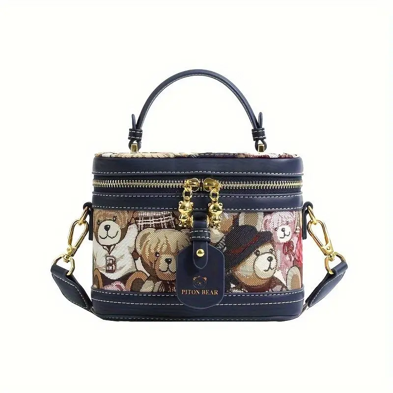 Bolso Tipo Cubo para Mujer con Diseño de Oso de Peluche - Elegante Bolso Cilíndrico con Correa de Hombro Ajustable, Cierre de Cremallera y Herrajes en Tono Dorado en Rosa Brillante/Marrón Claro/Azul, Bolso Casual | Diseño Juguete | Correa Decorativa 6