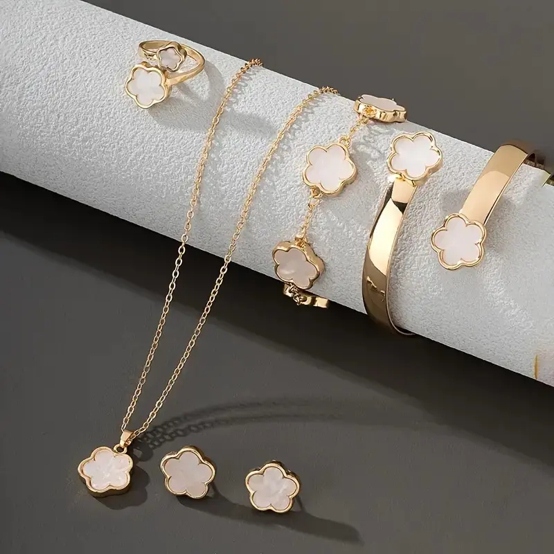 Flower Design Jewelry Set, Elegant Necklace & Bracelet & Bangle & Ring & Stud Earrings, Fashion Jewelry for Party, Daily Decor, Trendy All-match & Exquisite Jewelry for Birthday Gift