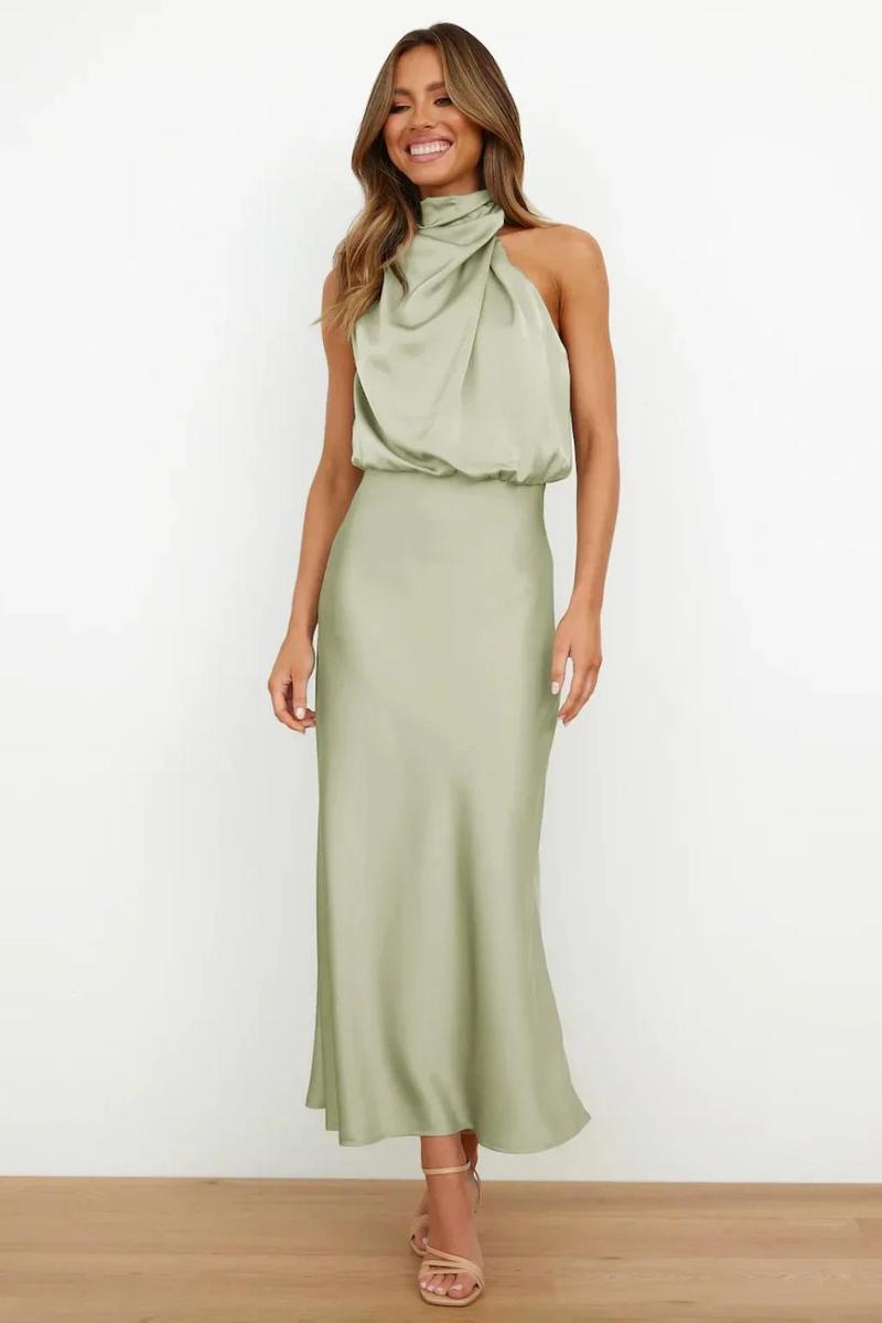 Product Introduction of 2025 Spring/Summer Long Dress for Women High Waist Halter Satin Sleeveless Dress Fashion Elegant Solid Evening Party Dresses 16