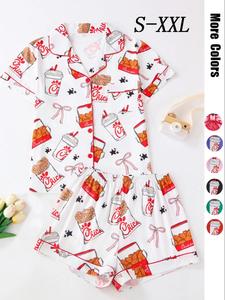 Women's Fried Chicken Print Shirt & Shorts Pyjama Two-piece Set, Casual Comfy Short Sleeve Collared Top & Shorts Pj Set, Ladies Sleepwear for All Seasons