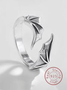 S925 Sterling Silver Vintage Bat Wing Design Cuff Ring, Fashion Goth Accessories for Men & Women, Trendy All-match & Exquisite Jewelry for Birthday Gift