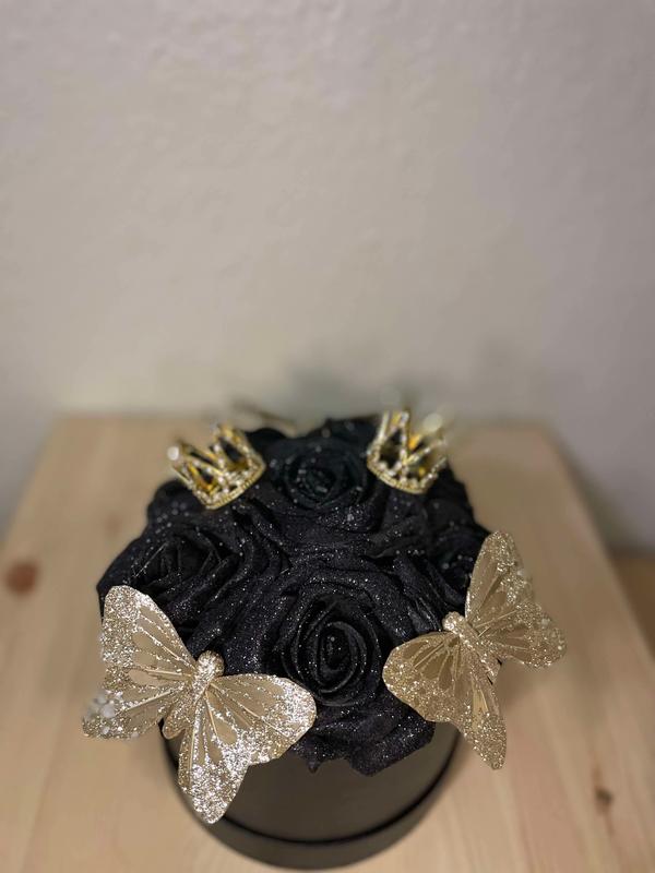 Artificial small black and gold glittered hat box arrangement with roses small crown and gold butterflies bespoke arrangement 2