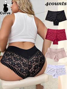 【Plus Size】 Contrast Floral Lace Boxer Brief, Soft Comfy Breathable Knicker for Daily Wear, Women's Underwear for All Seasons