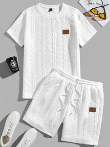 Two-piece Set Men's Solid Cable Textured Short Sleeve Crewneck Tee & Drawstring Waist Shorts Set, Loose Casual Fashion Cozy Breathable Two-piece for Summer, Men's Clothes for Daily Wear, Menswear
