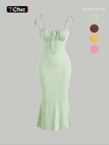 Women's Plain Ruched Lettuce Trim Tie Front Cami Dress, Casual Sleeveless Spaghetti Strap Tie Shoulder Long Bodycon Dress for Summer, Ladies Clothes for Beach Holiday