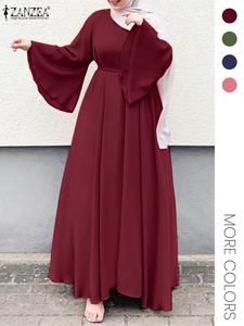 Women's Plain Belted Flounce Sleeve Kaftan Dress, Casual Long Sleeve Round Neck Maxi Dress for Daily Wear, Ladies Islamic Clothes for All Seasons