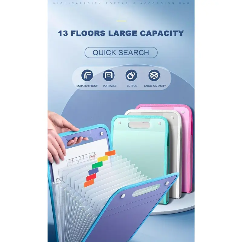 1pc Portable File Storage Bag, Large Capacity 13-Tier Vertical File Bag, Durable PP Material A4 Document Storage Organizer, Expanding File Folder Art Supplies,Large Capacity File Paper Organizer, Home School Office Supplies.back to school 7