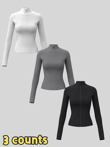 Women's Solid Zip Up Sports Jacket, Sporty Thumb Hole Long Sleeve Outerwear for Gym Workout Running, Ladies Sportswear for All Seasons, Modern and Comfortable, Women Workout Clothes