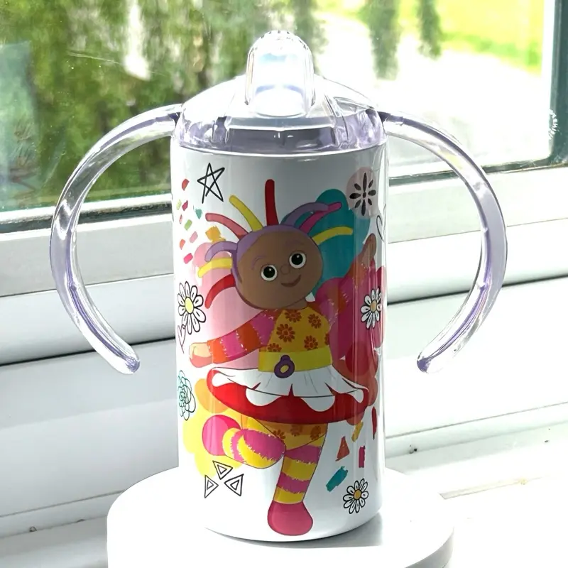 PERSONALISED 'UPSY DAISY' 350ML (12OZ) STAINLESS STEEL THERMAL SIPPY CUP/TUMBLER WITH 2 LIDS & STRAW. Flasks Drinkware Handles Insulated Portable 1