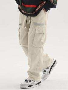 Men's Solid Color Drawstring Waist Cargo Pants, Loose Casual Zipper Pocket & Flap Pocket & Slant Pocket Design Straight Leg Trousers for Spring & Fall