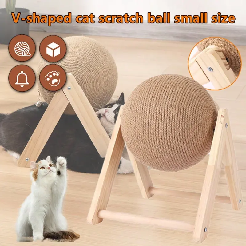 {BY} Natural Wood Cat Scratcher - Sisal-Covered Scratching Post & Play Ball 1