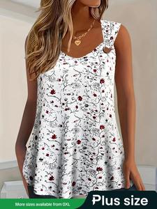 【Plus Size】 Ditsy Floral Print Tank Top, Lady Casual Curvy Sleeveless Top for Summer, Women's Plus Clothing for Daily Wear, Womenswear, Plus Size Clothes Women, Fitted Clothes for Women, Boho Chic Sleeveless
