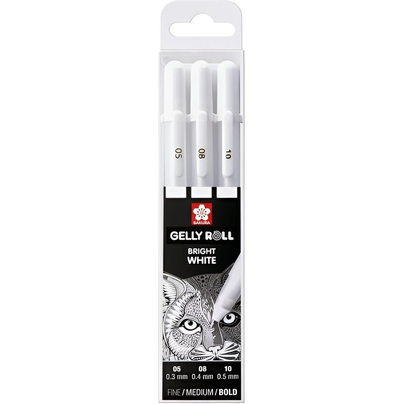 Gelly Roll 3 x Bright White pens in case, Bold, size (5,8,10) 0