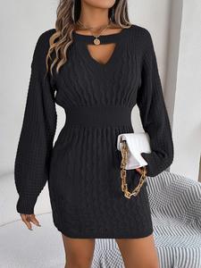 Women's Casual Comfort Lantern Sleeve Cut Out Sweater Dress, Lady Chic Elegant Keyhole Neckline Long Sleeve Bodycon Knit Dress for Fall & Winter, Women's Knitwear, Tall Clothing Women