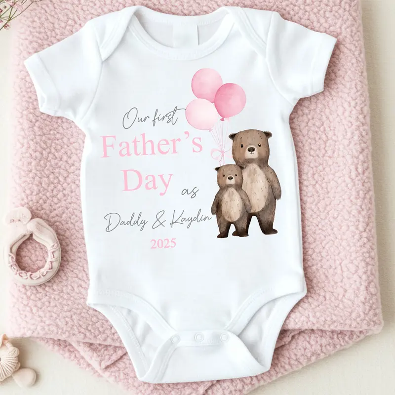 Personalised Pink Balloon Bears First Father's Day Babygrow/Vest 0