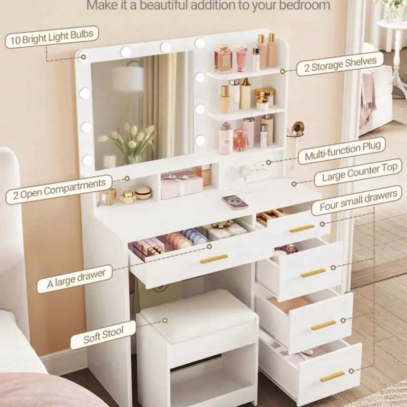 Hzuaneri Dressing Table with 3-Colour LED, Vanity Table with Plug and Large Mirror, Stool and Hairdryer Holder, Multi-Drawer Dressing Table, 6 Open Storage Areas, White 1