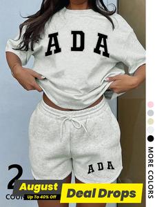 Two-piece Set Women's Letter Print Short Sleeve Tee & Shorts, Casual Round Neck Shortsleeve T-shirt & Skinny Shorts, Ladies Two-piece Outfits for Daily Wear, Baggy Clothes, Womenswear, Co-ord Sets for Women, Summer Clothing Set, Casual Matching Set