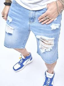 Men's Loose Denim-effect Print Ripped Button Fly Shorts, Casual Pocket Design Bermuda Shorts for Summer, Fashion Men's Bottoms for Daily Wear, Cotton