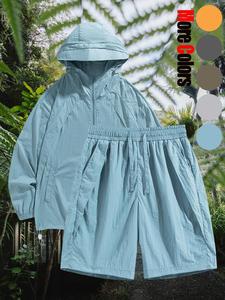 Two-Piece Set Men's Solid Color Hooded Jacket & Shorts, Casual Breathable Quick Drying Outerwear & Shorts for Outdoor Hiking Fishing, Men's Summer Clothes