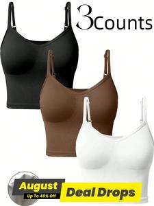 Women's 3-Piece Solid Color Adjustable Strap Seamless Sports Tank Top, Breathable Activewear for Indoor and Outdoor Use, Comfortable Tight-Fitting Gym Clothing