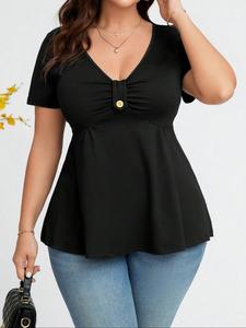 【Plus Size】 Solid Color Blouse, Casual Short Sleeve Button Decor Top for Summer, Women's Clothing for Daily Wear, Womenswear