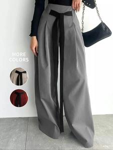 Women's Solid Tie Front Plicated Wide Leg Pants, Casual Comfy Trousers for Work Office Business, Ladies Bottoms for All Seasons