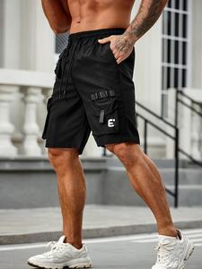 Men's Letter Print Drawstring Waist Cargo Shorts, Casual  Regular Fit Pocket Elastic Waist Track Shorts for Summer, Mens Bottoms for Daily Wear