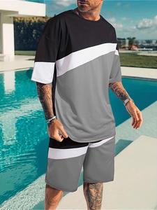 Two-piece Set Men's Color-block Round Neck Tee & Elastic Waist Shorts, Tracksuit, Crew Neck Shortsleeve T-shirt & Track Shorts, Graphic Tees & Shorts for Men, Casual Matching Set, Clothing, Matching Shorts Set, Fitted Formal Wear, Menswear