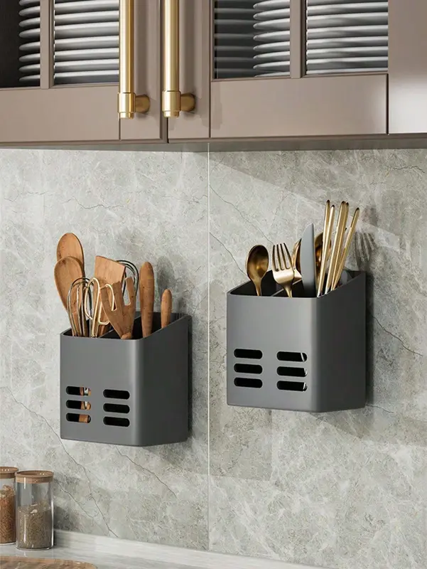 1PC Wall-Mounted Non-Hole Storage Rack - Portable Kitchen Storage Box for Tableware, Knife & Fork, Chopsticks, Cosmetics, Remote, Pen & More, Suitable for Kitchen, Bathroom, Makeup Table, Living Room, Home Decoration, Christmas Gifts 4