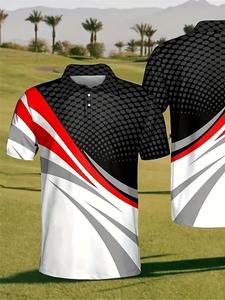 Men's Geometric Print Contrast Trim Polo Shirt, Regular Fit Casual Short Sleeve Collared Top for Golf Outdoor Wear, Fashion Men's Clothes for All Seasons