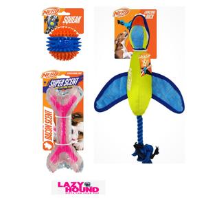 The Nerf Dog Range - Ultraplush Crinkle Wing Duck Launcher, TPR Bacon Scented Bone, 3 Part Spike Squeak Ball, Blue TPR Super Scent Chicken Wishbone