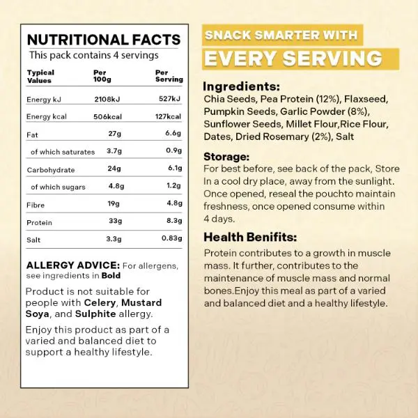 FOODHAK Rosemary and Garlic Protein Crackers (Pack of 1) 100g with Chia - Pumpkin, Flaxseed, and Sunflower Seeds - Plant-Based, High-Protein, Gluten-Free Healthy Snack, Oven-Baked, Resealable. 6