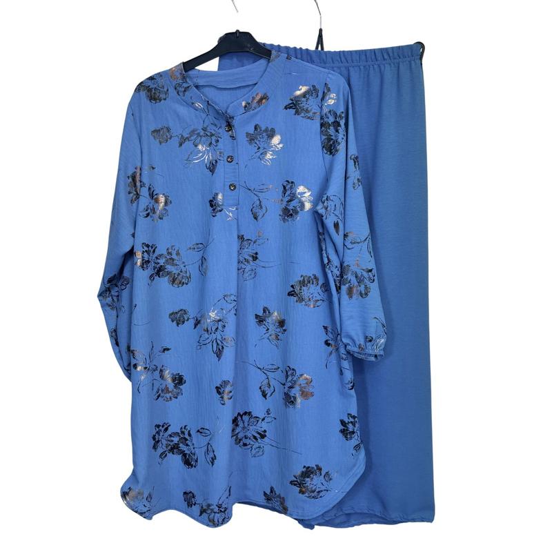 Ladies Gold Print Coord Set Collared Top with Wide Leg Trousers 8-16 2