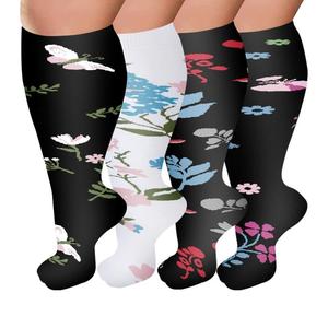 Flower Print Compression Socks, 4 Pairs Plus Size Knee High Compression Socks, Best Support for Sports Running, Hiking