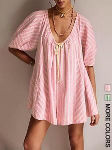 Women's Striped Print Romper, Casual Short Sleeve V Neck Romper for Summer, Fashion Women's Clothes for Beach Holiday Vacation