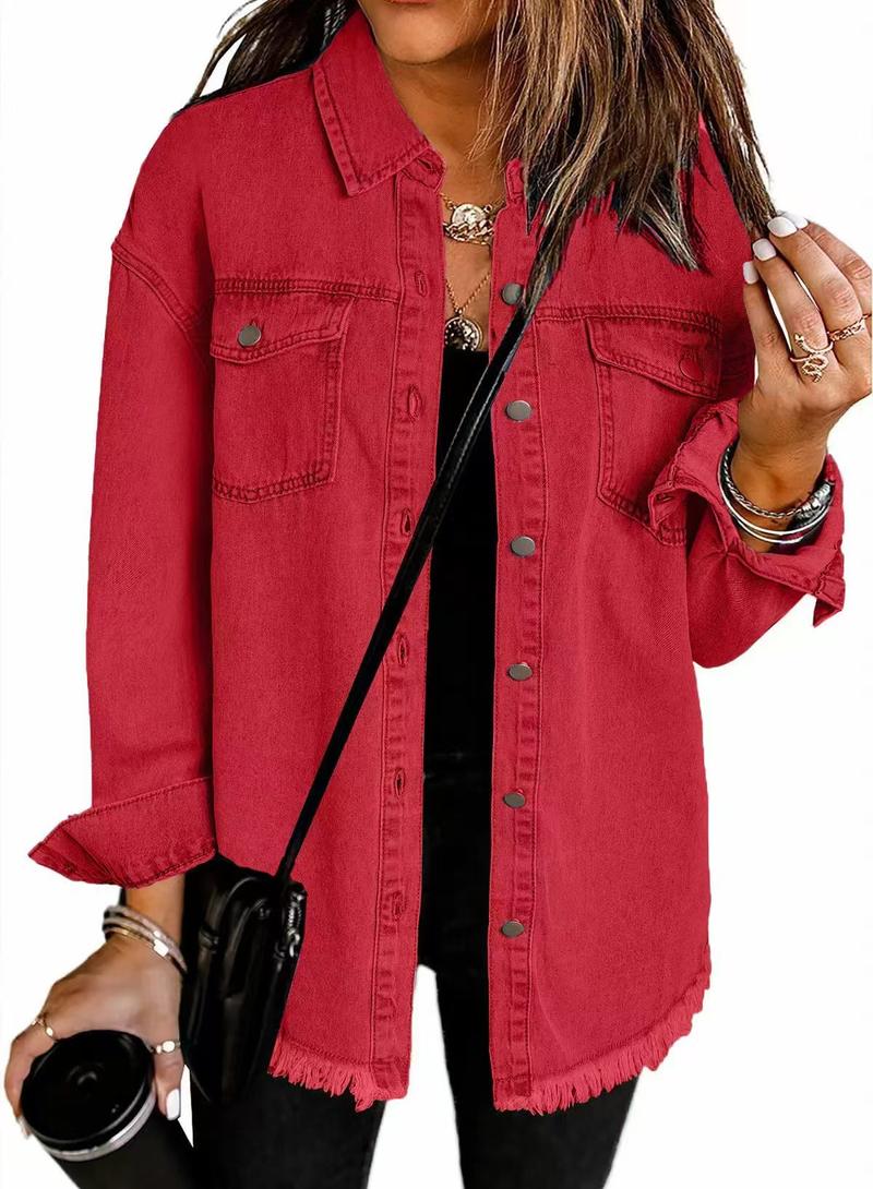 Product Introduction of Women's Denim Coat with Wiped Edge and Pockets - Pure Color Single-Breasted Cardigan Jacket for Loose Fit - Womenswear, Tops 9