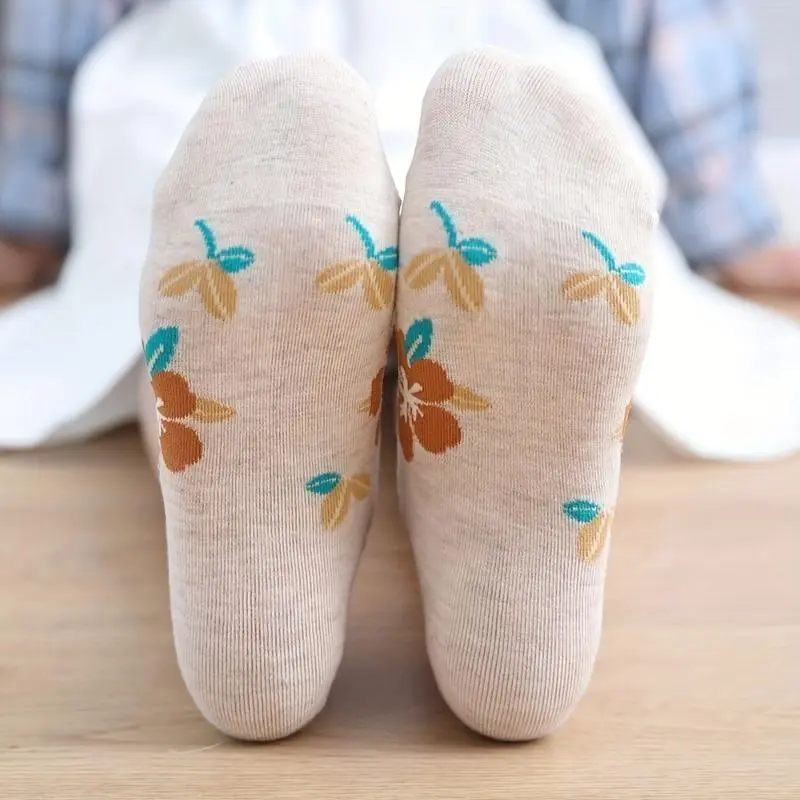 5-Pair Women'S No-Show Floral Socks - Breathable Stretch Polyester with Comfort Rib-Knit 5