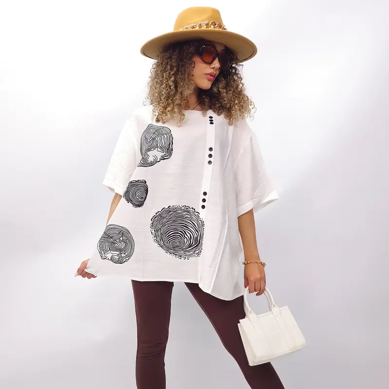 Love My Fashions Womens Short Sleeve Tree Ring Cotton Top Front Button Round Neck Loose Fit Spring Summer Casual Comfort For Womens  Everyday 3