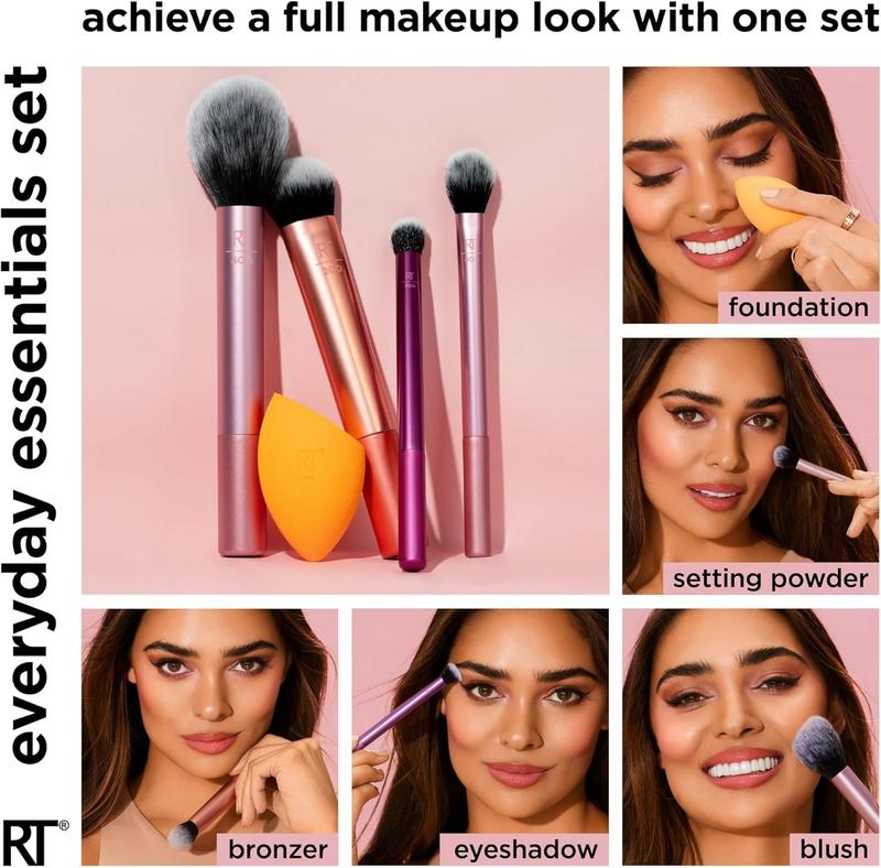 Real Techniques Everyday Essentials + Makeup Sponge Kit, 4 Makeup Brushes and 2 Makeup Blender Sponges,Blush, Bronzer, Eyeshadow, and Powder, Synthetic Bristles, Cruelty-Free, 6 Piece Set Cosmetic 1